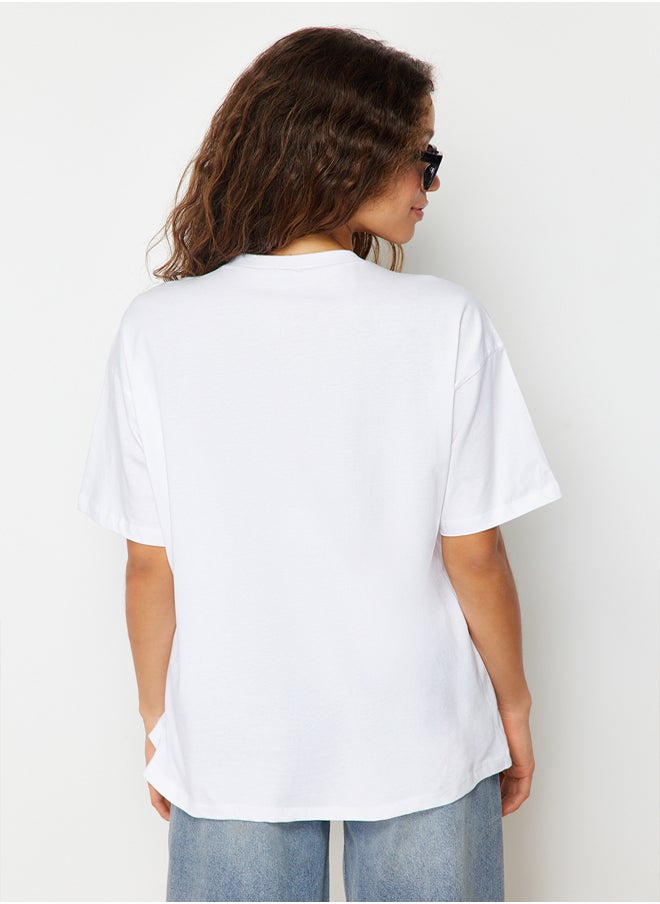 White 100% Cotton Boyfriend/Wide Fit Fit Crew Neck Knitted T-Shirt TWOSS20TS0134