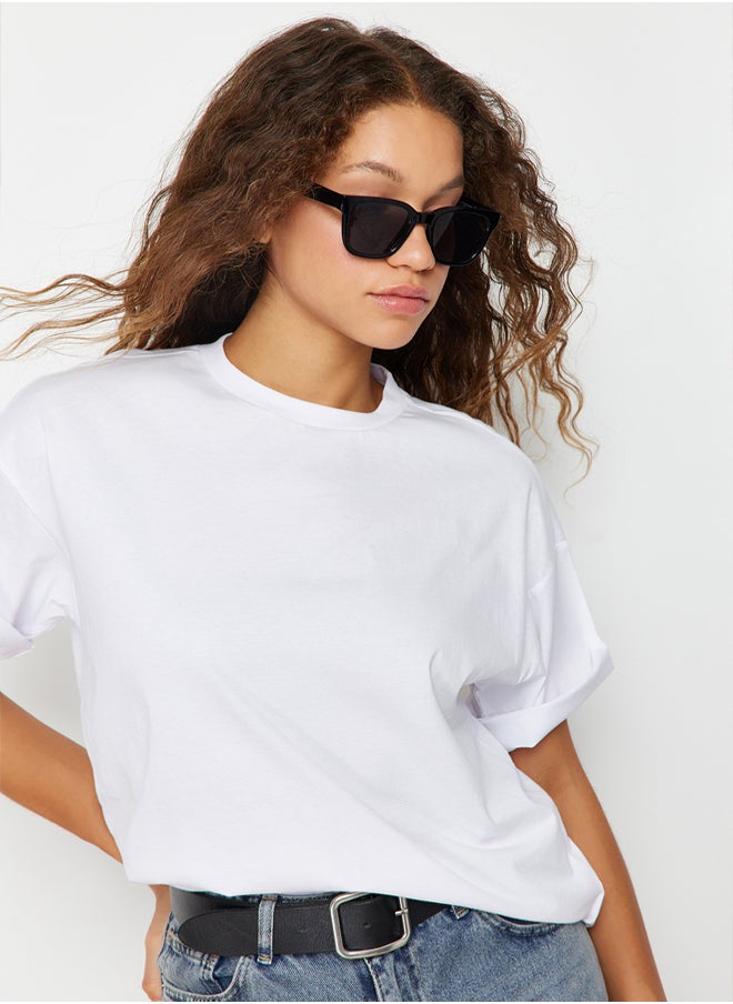 White 100% Cotton Boyfriend/Wide Fit Fit Crew Neck Knitted T-Shirt TWOSS20TS0134