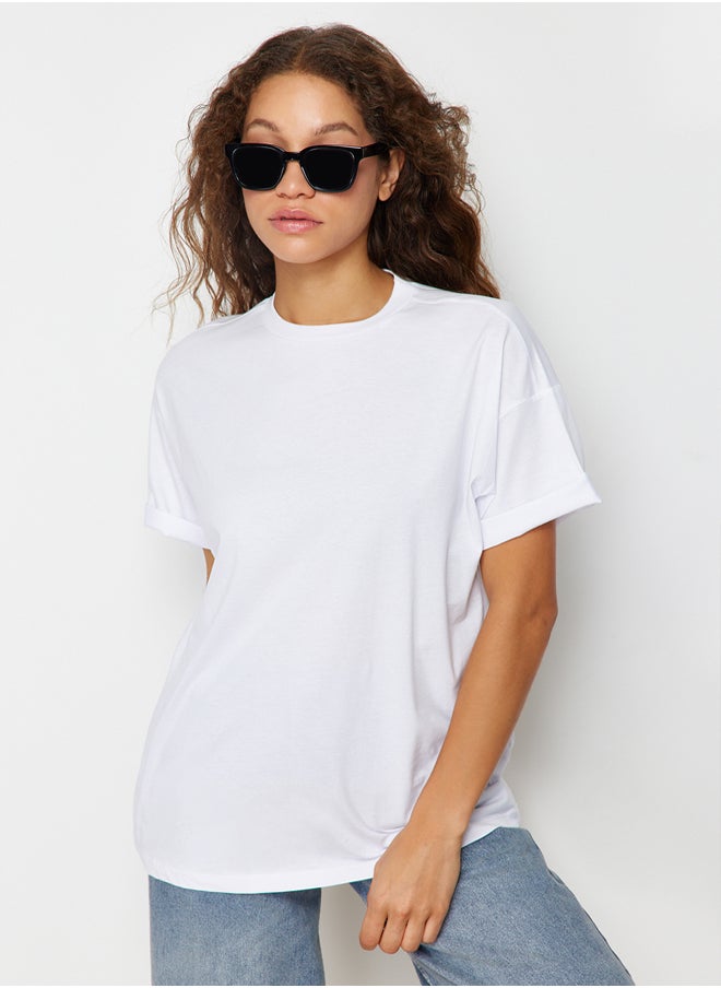 White 100% Cotton Boyfriend/Wide Fit Fit Crew Neck Knitted T-Shirt TWOSS20TS0134