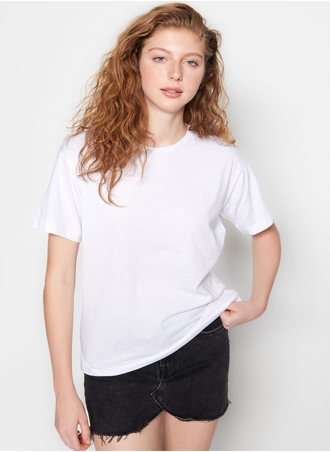 White 100% Cotton Boyfriend/Wide Fit Fit Crew Neck Knitted T-Shirt TWOSS20TS0134