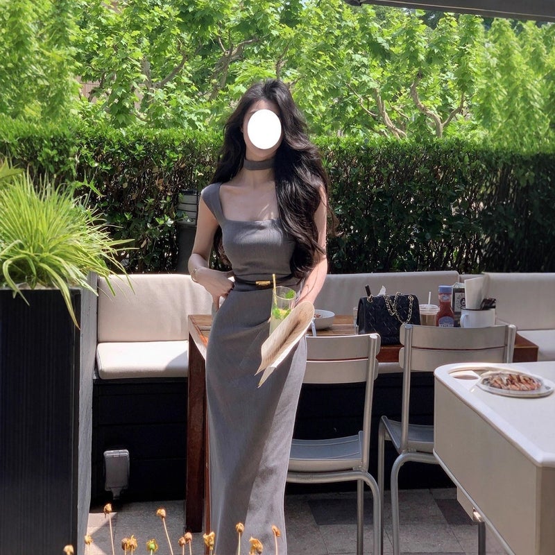 2026 Summer High-End Gray High-Waist Dress Slim Split Bodycon Dress Versatile Slimming - Image 3