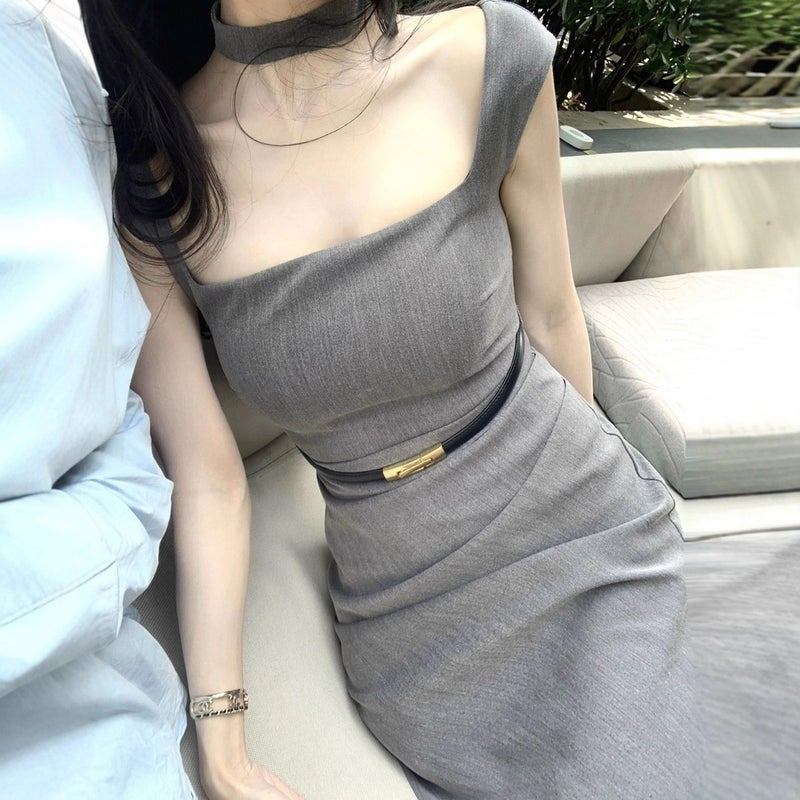 2026 Summer High-End Gray High-Waist Dress Slim Split Bodycon Dress Versatile Slimming - Image 1