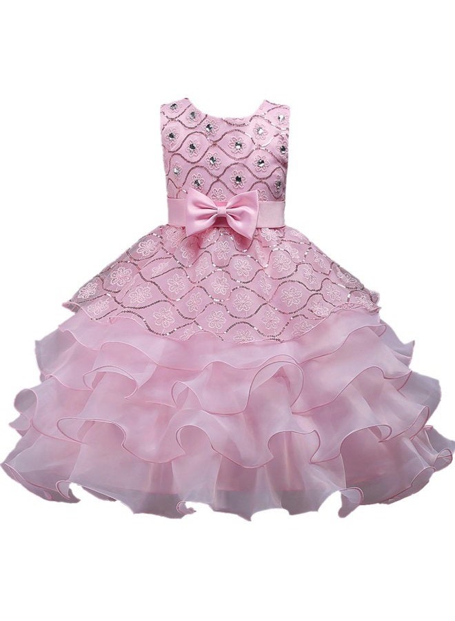 DreamHigh Wedding Flower Girl's Ruffles Lace Cute Bow Waist Evening Dress up, Pink, 10 Years - Image 1