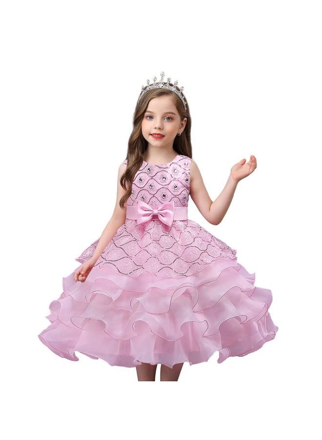 DreamHigh Wedding Flower Girl's Ruffles Lace Cute Bow Waist Evening Dress up, Pink, 10 Years - Image 2