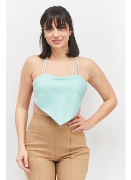 Women Halter Neck Sleeveless Textured Crop Top, Turquoise