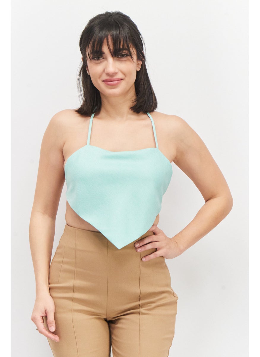 Annorlunda - Women Halter Neck Sleeveless Textured Crop Top, Turquoise - Image 1
