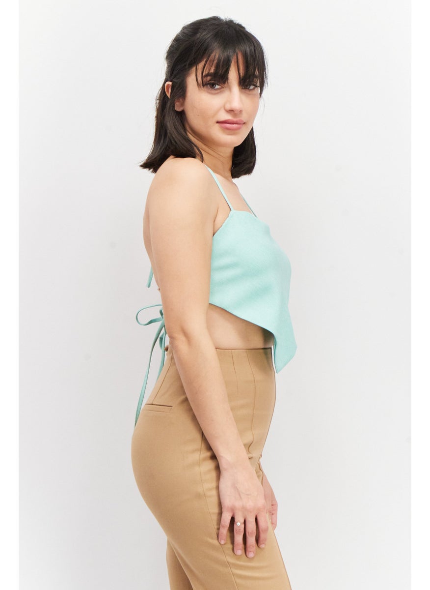 Annorlunda - Women Halter Neck Sleeveless Textured Crop Top, Turquoise - Image 1