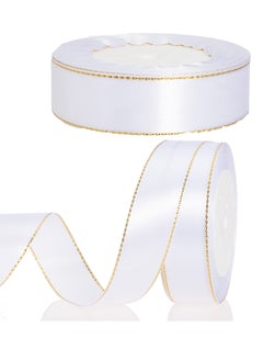 KASTWAVE 2 Roll 25 Yards 1 Inch White Satin Ribbon with Gold Edges - Gold Border Fabric Ribbon for Gift Wrapping and Crafts  - Image 1