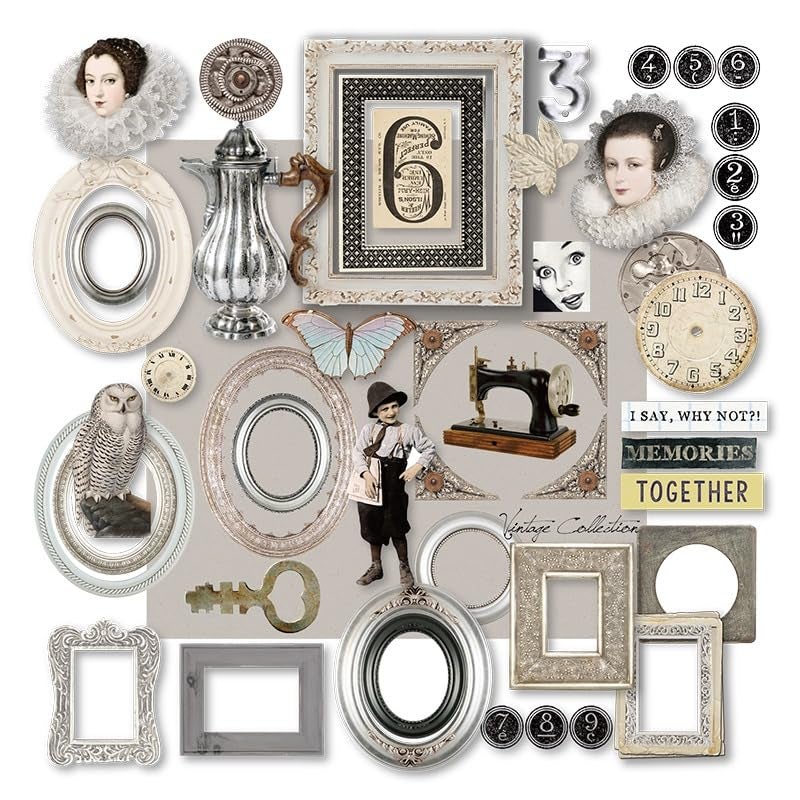 CATaireen Vintage Junk Journal Items Kit Pre Cut Paper Cards Cutout Cardstock Art Aesthetic Decor Hollow Out Craft Elements Small Embellishments Supplies for Adults Scrapbook Pack Photo Frame Silvery - Image 1