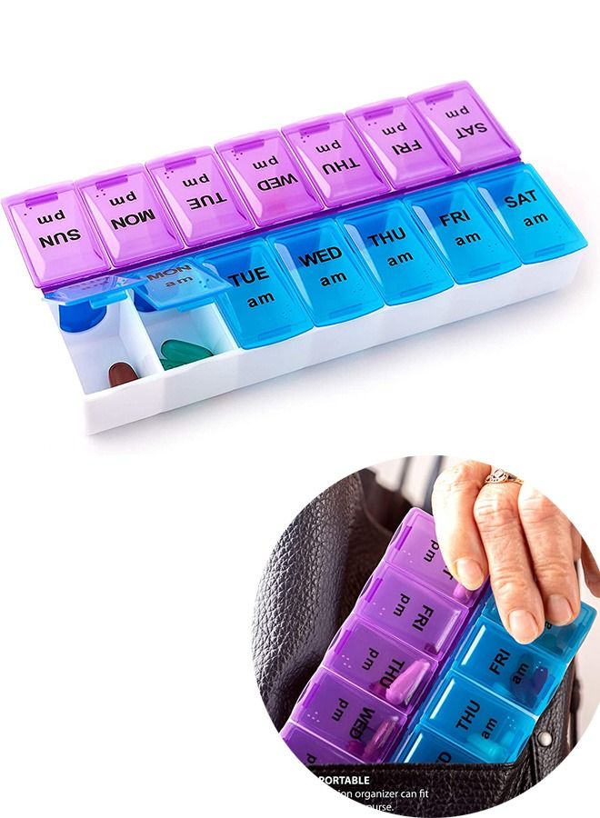 Large Double Side Weekly Pill Organizer Medicine Box 2 Times a Day, Pill Case Week Medication Container for Travel (Purple+Blue) - Image 1