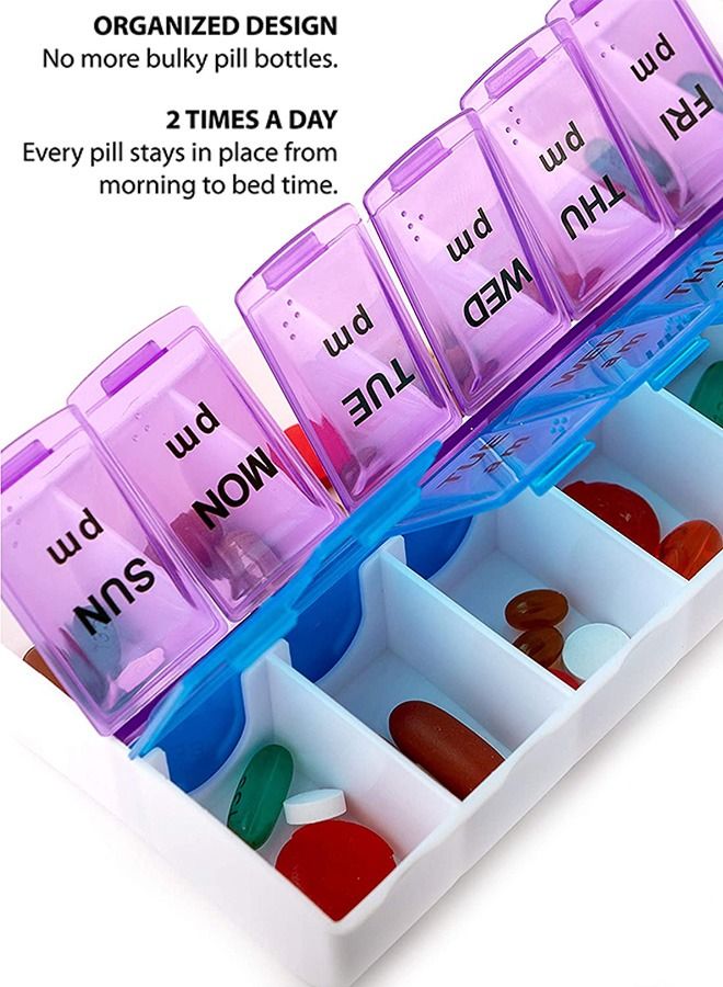 Large Double Side Weekly Pill Organizer Medicine Box 2 Times a Day, Pill Case Week Medication Container for Travel (Purple+Blue) - Image 4