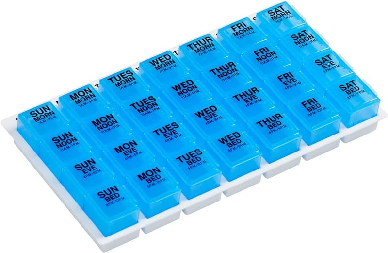 Ezy Dose Weekly (7-Day) Pill Organizer, Vitamin and Medicine Box, Large Pop-Out Compartments, 4 Times a Day, Blue