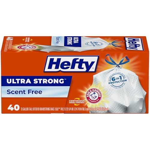 Hefty Ultra Strong 13 Gallon Trash Bags, Tall Kitchen Trash Bags 13 Gallon Size, Drawstring Closure, Continuous Odor Control, White, Unscented, 40 Bags - Image 1