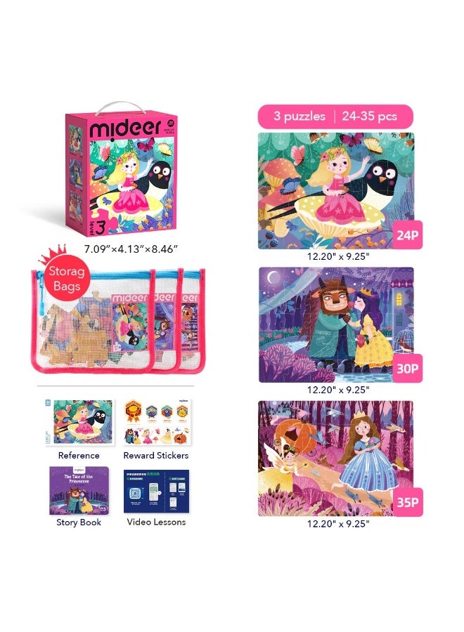 MiDeer Level Up Princess Puzzle Set with Storage Bag Level 3, 3 Progressive Jigsaw Puzzles for Kids 3+, 24-35 Piece Fairy Tale Puzzle Game Featuring Cinderella, Thumbelina & Beauty and the Beast - Image 1