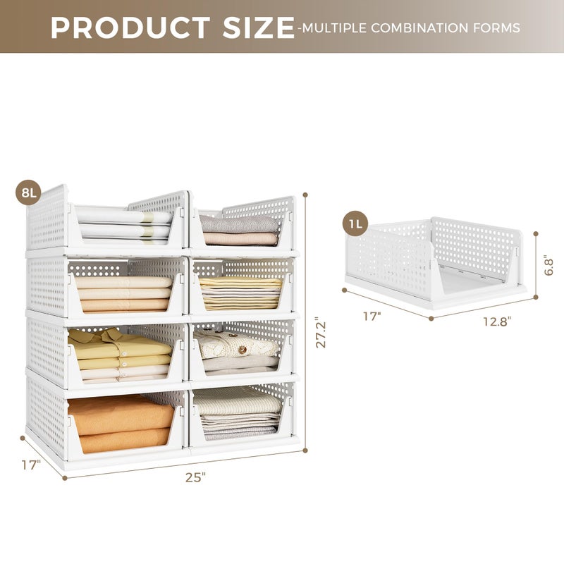 Pinkpum 8 Pack Closet Organizers and Storage Plastic Stackable Storage Bins, Foldable Drawer Shelf Storage Container for Wardrobe Kitchen Bathroom Dorm White - Image 4