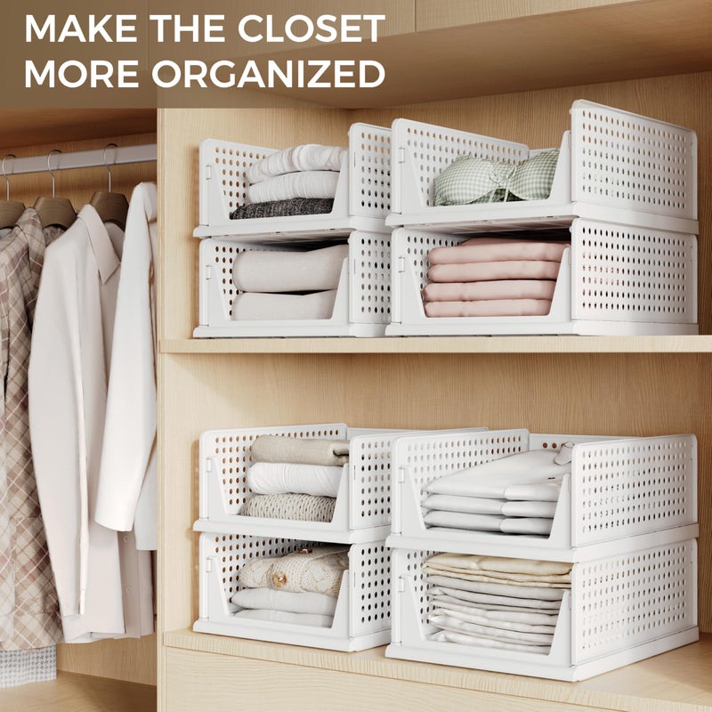Pinkpum 8 Pack Closet Organizers and Storage Plastic Stackable Storage Bins, Foldable Drawer Shelf Storage Container for Wardrobe Kitchen Bathroom Dorm White - Image 5