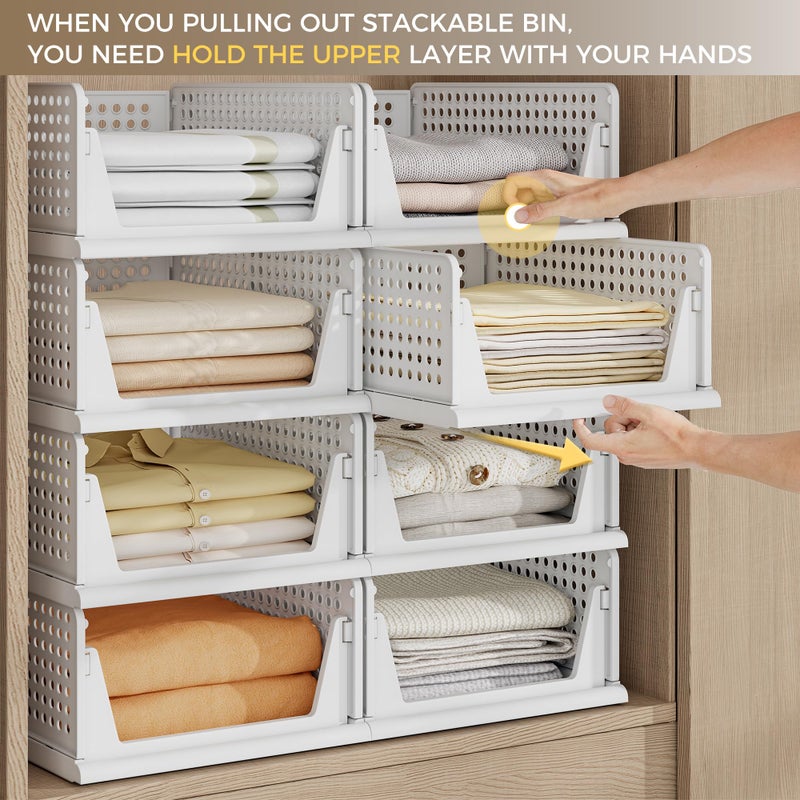 Pinkpum 8 Pack Closet Organizers and Storage Plastic Stackable Storage Bins, Foldable Drawer Shelf Storage Container for Wardrobe Kitchen Bathroom Dorm White - Image 2