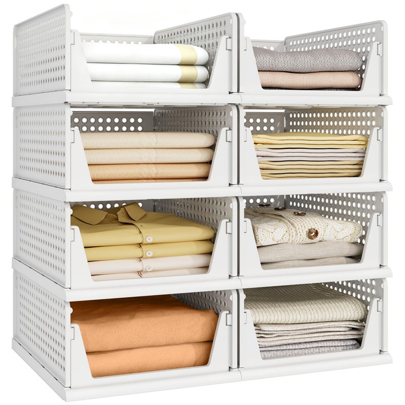 Pinkpum 8 Pack Closet Organizers and Storage Plastic Stackable Storage Bins, Foldable Drawer Shelf Storage Container for Wardrobe Kitchen Bathroom Dorm White - Image 1