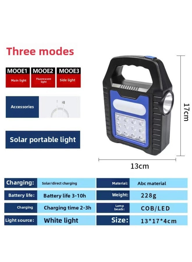 Solar Portable Lamp Multifunctional Waterproof Charging Treasure Outdoor Searchlight Camping Flashlight-Color:878 "LED Blue]  - Image 1