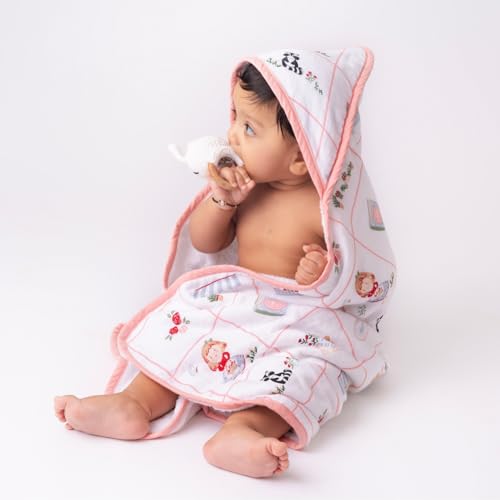 haus & kinder Terry Muslin Hooded Baby Towel | Soft & Absorbent Baby Bath Towel for Newborns & Infants (0–12 Months), 80 X 80 Cm, Red, Gentle On Skin, Quick Dry, Unisex (Scarlet On Adventure) - Image 1