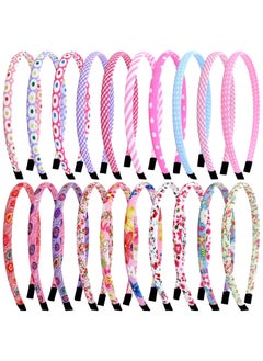 Lawie Lawie 20 Pieces Candy Colors Floral Printed Elastic Plastic Headbands for Girls Thin Cloth Covered Hair Bands for Kids Pink Fabric Lined Hairbands Birthday Party Headwears for Little Girls 