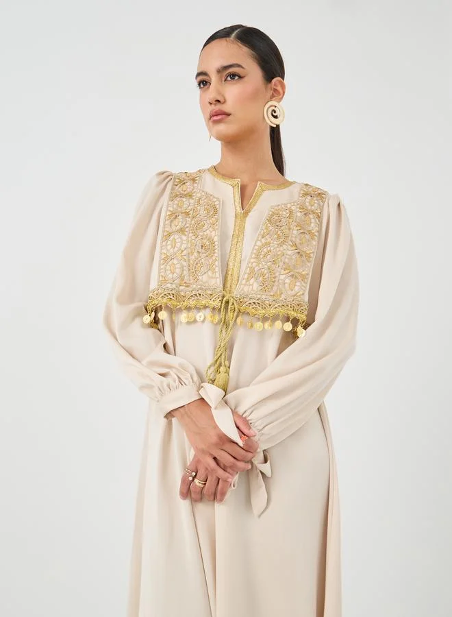 Take Two Take Two Embroidery Detail A-Line Maxi Dress with Tassel Detail