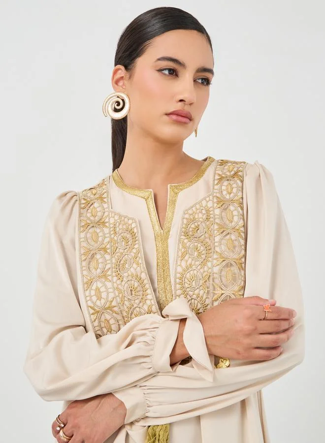 Take Two Take Two Embroidery Detail A-Line Maxi Dress with Tassel Detail