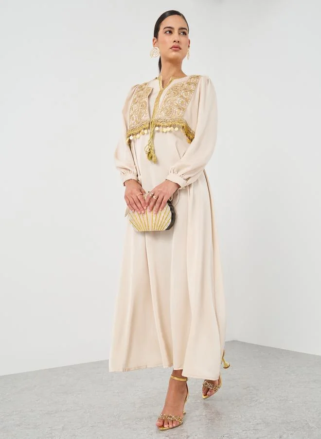 تايك تو Take Two Embroidery Detail A-Line Maxi Dress with Tassel Detail