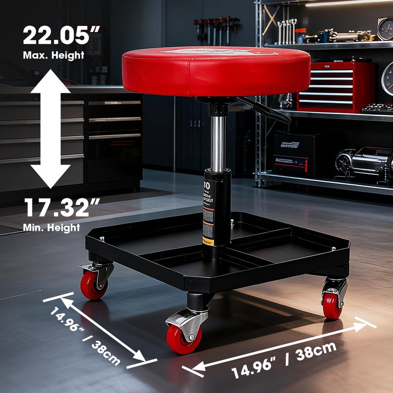 Big RED Rolling Mechanic Stool with Tool Tray, Pneumatic Garage Seat, Adjustable Height Form 17"-22",Storage Workshop Chair for Auto Repair - Image 2