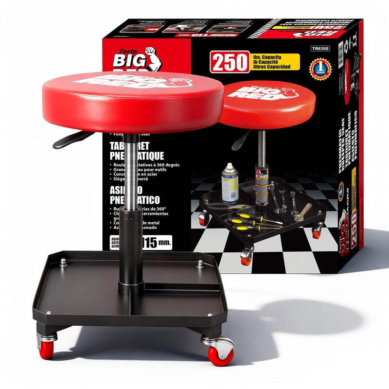 Big RED Rolling Mechanic Stool with Tool Tray, Pneumatic Garage Seat, Adjustable Height Form 17"-22",Storage Workshop Chair for Auto Repair - Image 1