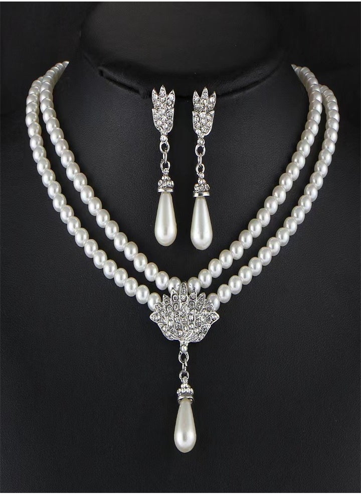 واي أن دي - new beautiful and elegant Pearl necklace earrings set, bridal Pearl jewelry set Crystal multi-layer necklace jewelry accessories for women and bride, pearls - Image 1