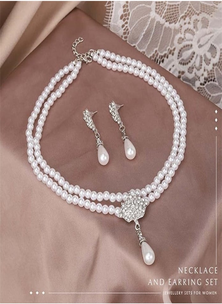 واي أن دي - new beautiful and elegant Pearl necklace earrings set, bridal Pearl jewelry set Crystal multi-layer necklace jewelry accessories for women and bride, pearls - Image 1