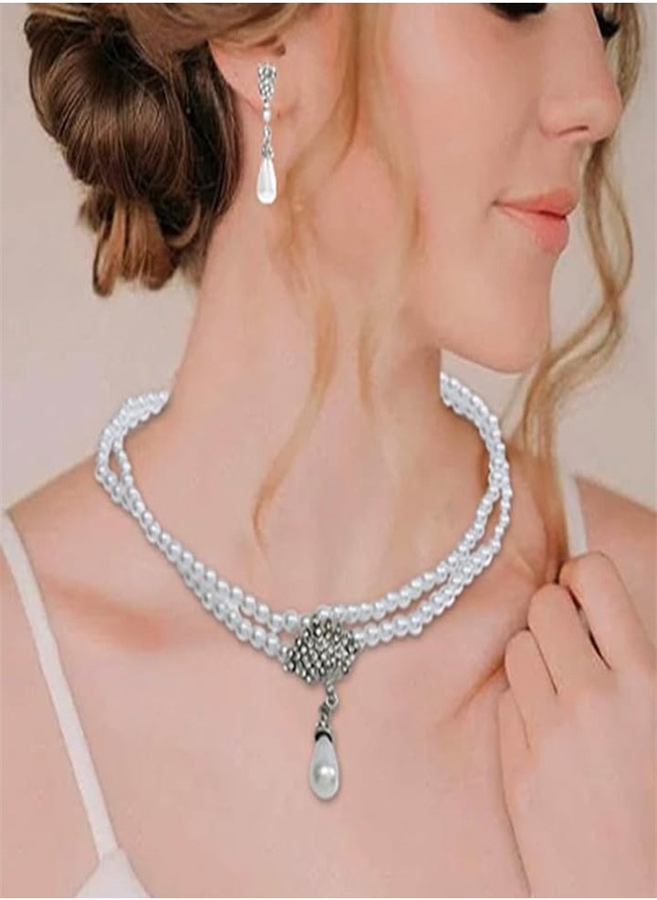 واي أن دي - new beautiful and elegant Pearl necklace earrings set, bridal Pearl jewelry set Crystal multi-layer necklace jewelry accessories for women and bride, pearls - Image 1