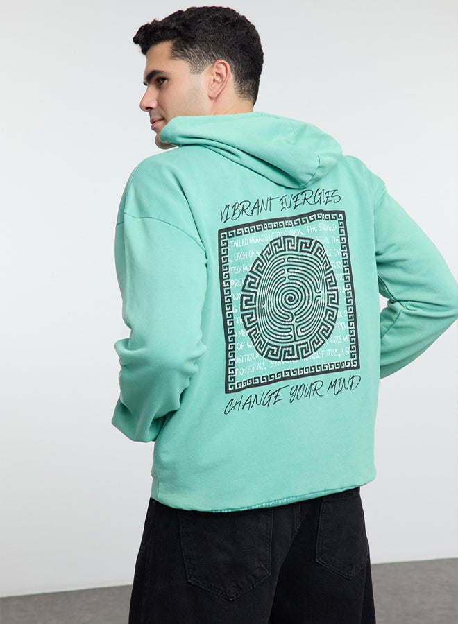 trendyol Mint Oversize/Wide Cut Text Back Printed Hooded Faded Effect Sweatshirt TMNAW25SW00043 - Image 2