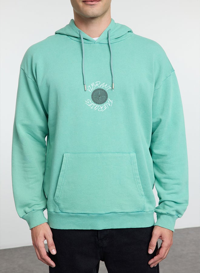 trendyol Mint Oversize/Wide Cut Text Back Printed Hooded Faded Effect Sweatshirt TMNAW25SW00043 - Image 3
