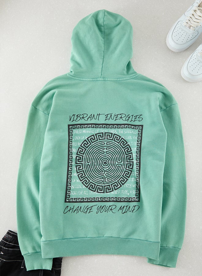 trendyol Mint Oversize/Wide Cut Text Back Printed Hooded Faded Effect Sweatshirt TMNAW25SW00043 - Image 5