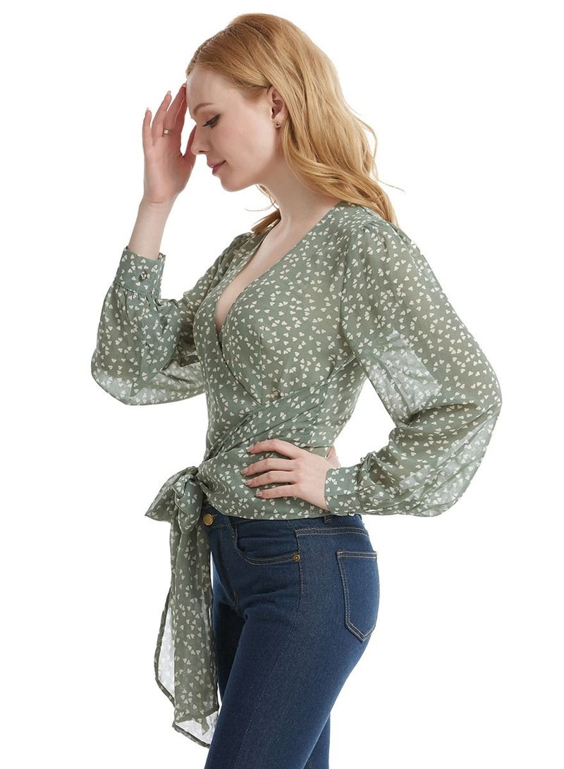 إسكدنيا Women's V-Neck Long Sleeve Top Dot Print Chiffon Blouse With Ribbon Dusty Green/White  - Image 2