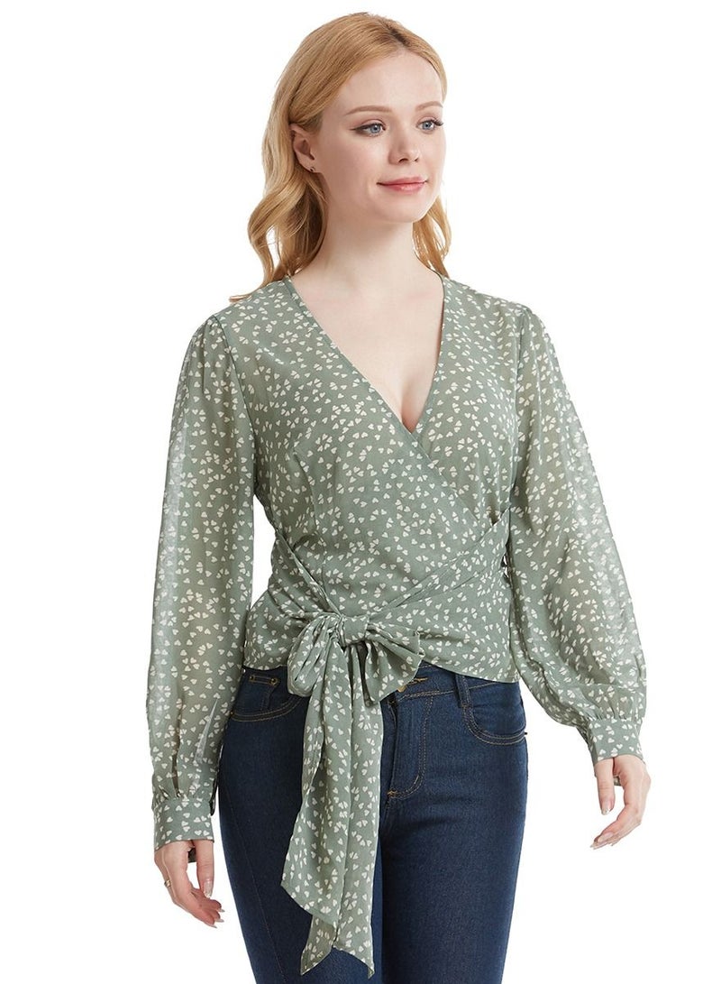 إسكدنيا Women's V-Neck Long Sleeve Top Dot Print Chiffon Blouse With Ribbon Dusty Green/White  - Image 1