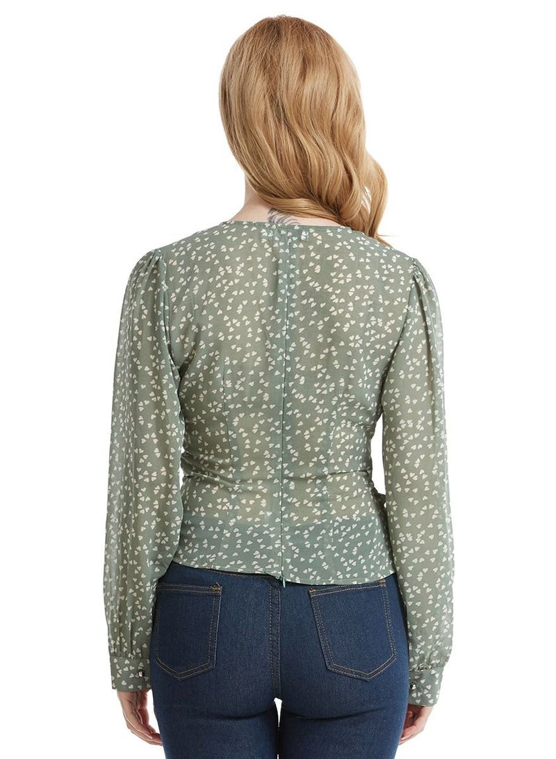 إسكدنيا Women's V-Neck Long Sleeve Top Dot Print Chiffon Blouse With Ribbon Dusty Green/White  - Image 3