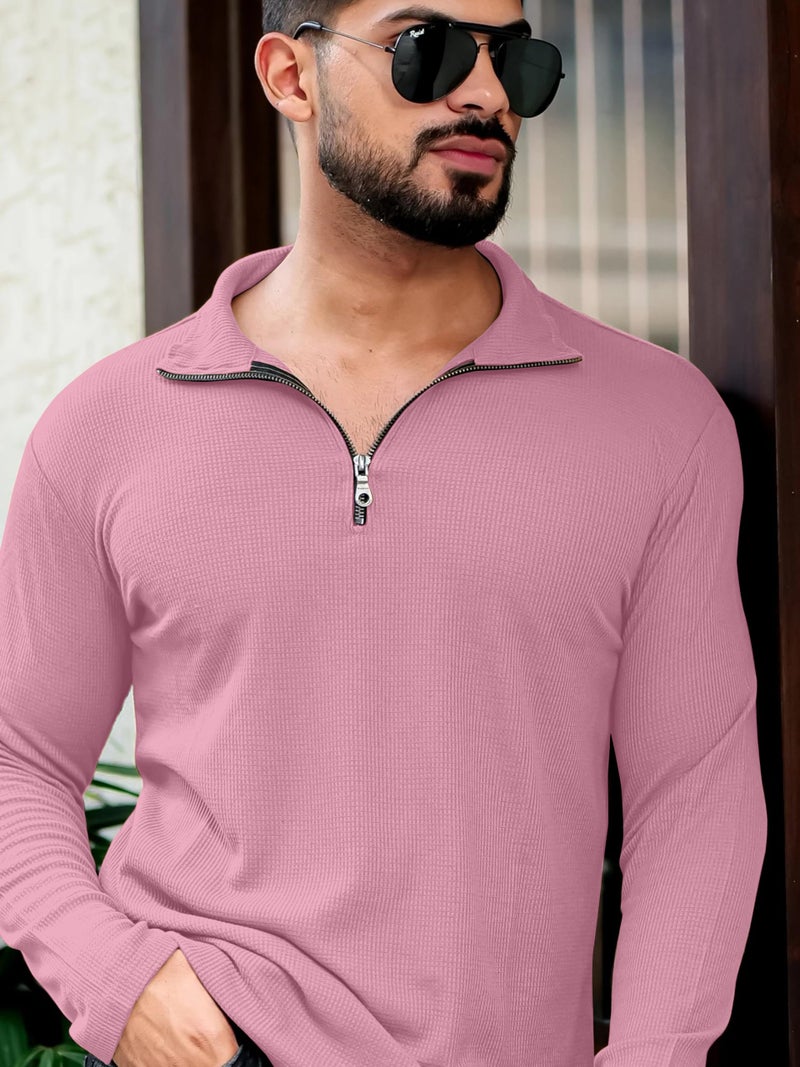 KAJARU Men's Polyester Blend T Shirt with Spread Collar Neck Line Zipper Closure Full Sleeves Solid Pattern Regular Fit and Standard Length - Image 2