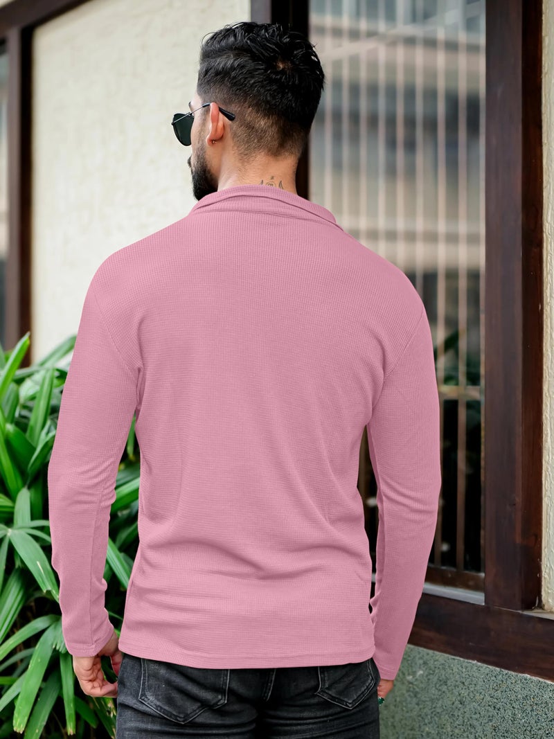 KAJARU Men's Polyester Blend T Shirt with Spread Collar Neck Line Zipper Closure Full Sleeves Solid Pattern Regular Fit and Standard Length - Image 3