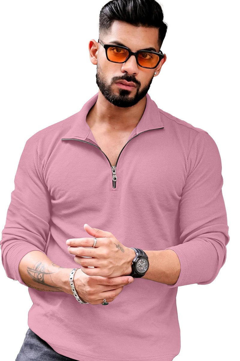 KAJARU Men's Polyester Blend T Shirt with Spread Collar Neck Line Zipper Closure Full Sleeves Solid Pattern Regular Fit and Standard Length - Image 1