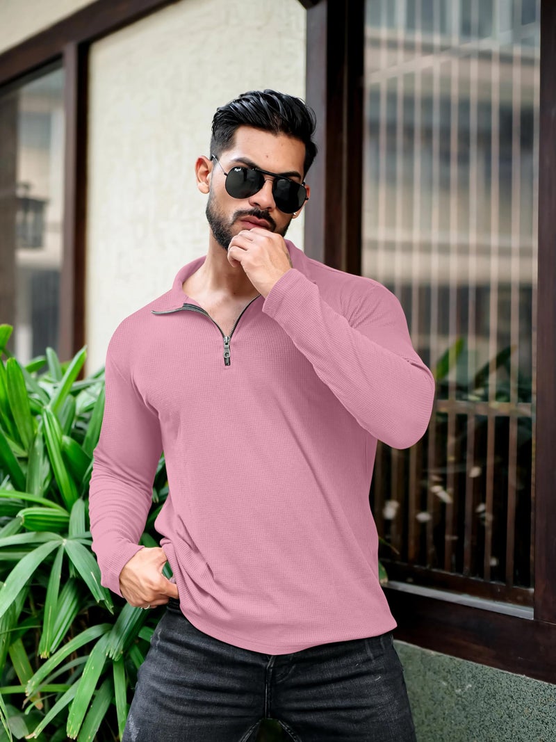 KAJARU Men's Polyester Blend T Shirt with Spread Collar Neck Line Zipper Closure Full Sleeves Solid Pattern Regular Fit and Standard Length - Image 5