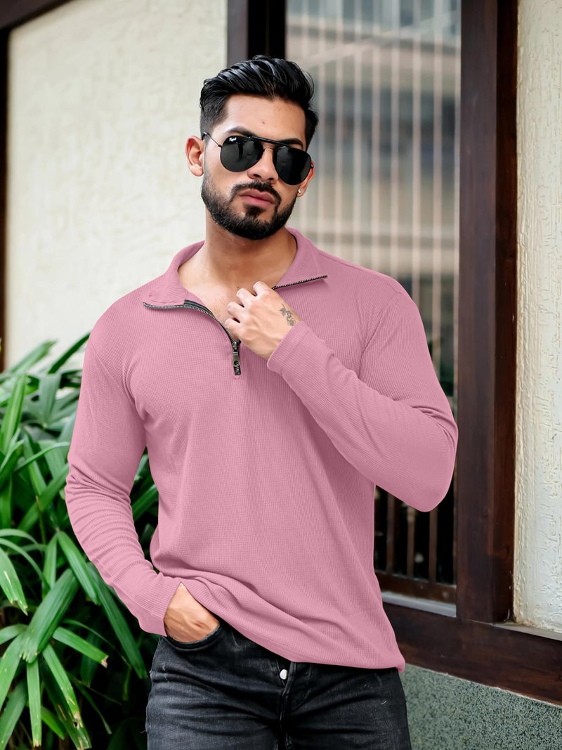 KAJARU Men's Polyester Blend T Shirt with Spread Collar Neck Line Zipper Closure Full Sleeves Solid Pattern Regular Fit and Standard Length - Image 4