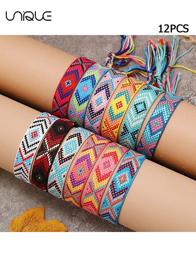 يونيك 12 قطعة أساور صداقة نيبالية محبوكة قابلة للتعديل - أساور مضفرة مصنوعة من خيوط القطن الملونة مع إغلاق بعقدة منزلقة للنساء والبنات والأطفال - Image 2