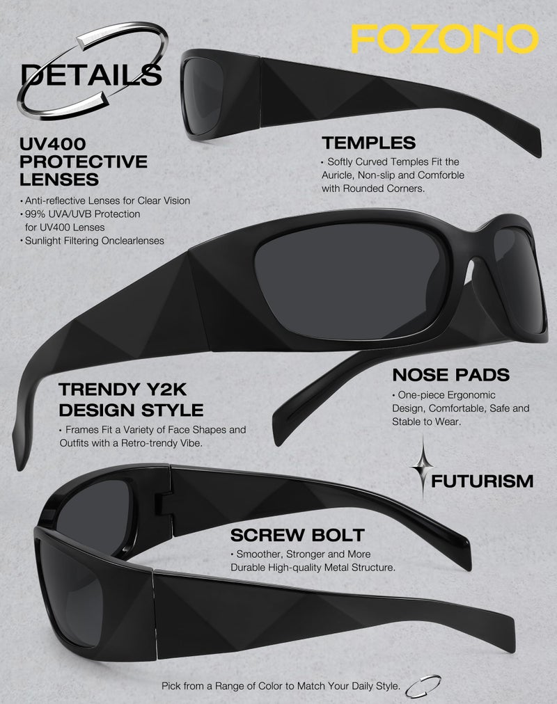 Fozono Retro Wrap Around Sunglasses for Women Trendy Y2k Vintage Sun Glasses UV Protection FZN827 Black Frame/Gray Lens - Image 5