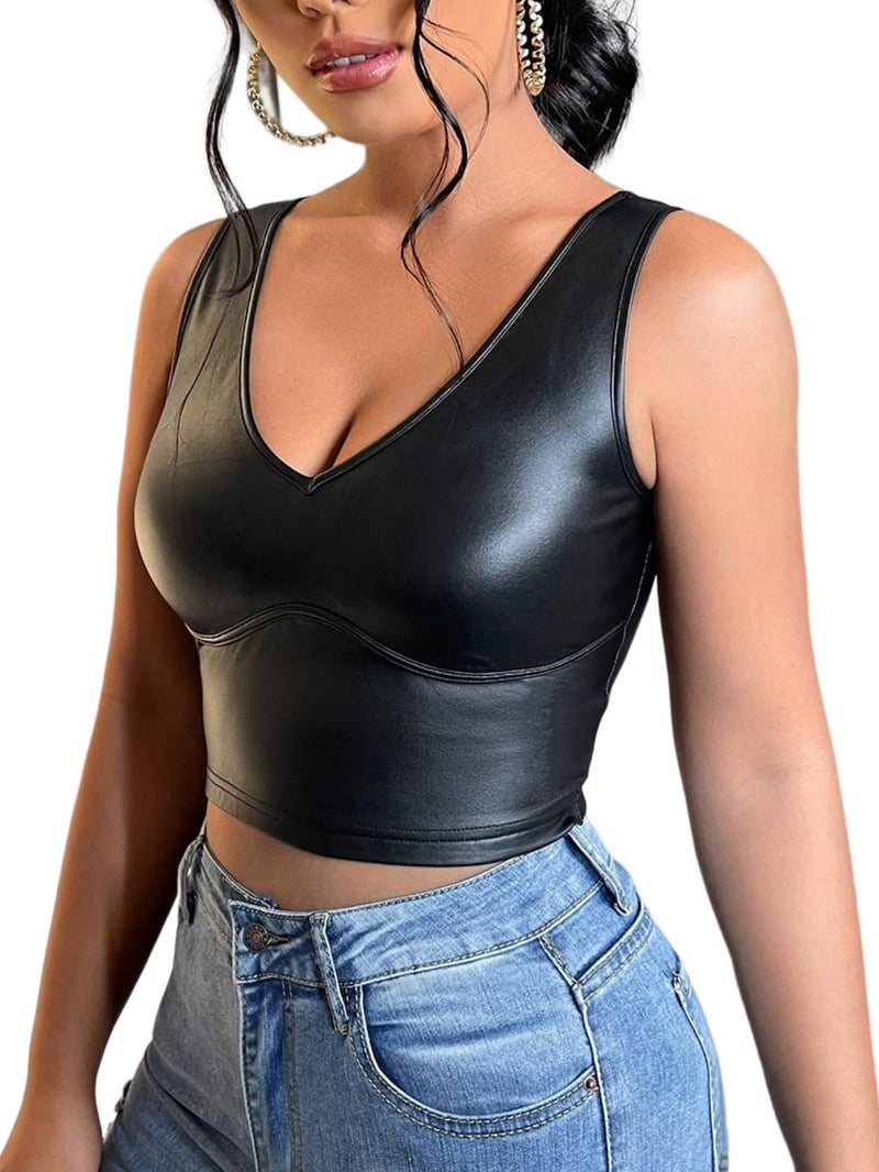 Floerns Women's PU Leather V Neck Sleeveless Camisole Solid Crop Tank Top Black M - Image 1