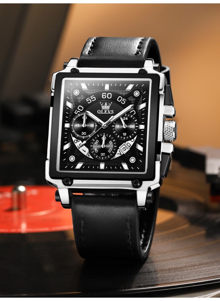 أوليفز ساعات OLEVS المربعة للرجال من الجلد البني كرونوغراف ساعة عمل أنيقة مضيئة ومقاومة للماء ساعات معصم كاجوال - Image 4