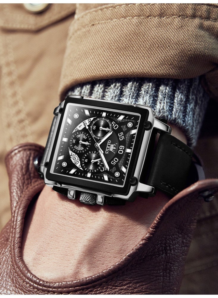 أوليفز ساعات OLEVS المربعة للرجال من الجلد البني كرونوغراف ساعة عمل أنيقة مضيئة ومقاومة للماء ساعات معصم كاجوال - Image 3