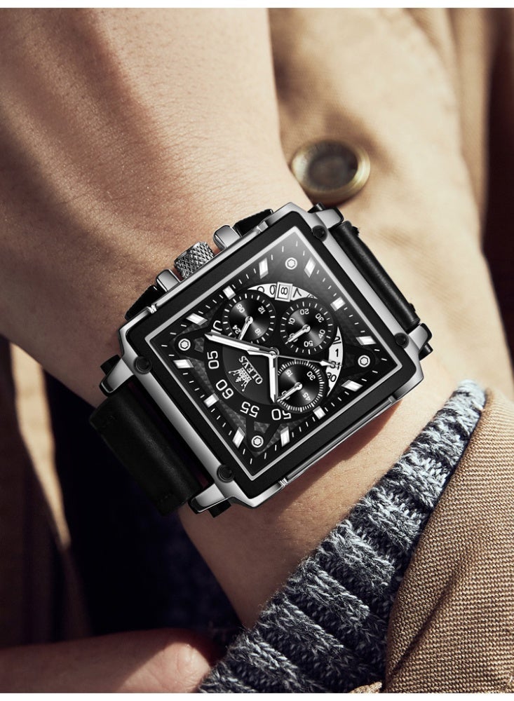 أوليفز ساعات OLEVS المربعة للرجال من الجلد البني كرونوغراف ساعة عمل أنيقة مضيئة ومقاومة للماء ساعات معصم كاجوال - Image 2